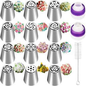 Jexnovashop-Lot De 12 Douilles Russes &Agrave; P&acirc;tisserie Grande, Douille Fleur Patisserie En Acier Inoxydable, Douille Russe Professionnelle Avec Convertisseur Pour D&eacute;corer G&acirc;teaux - Neuf