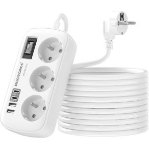 Rallonge Electrique 5M avec 4 USB(2 USB-C), Multiprise 3 Prises avec Interrupteur, Multiprise Parafoudre Fixation Murale pour Maison Bureau, Blanc 16A/4000W - Neuf