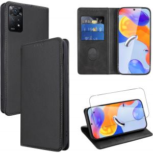JGD-Coque Cuir pour Xiaomi Redmi Note 11 Pro 6.67"" avec 1 Verre Tremp&eacute; Etui &agrave; Rabat en PU Porte-Cartes Portefeuille Support Flip Housse Magn&eacute;tique Antichoc Anti-Rayures Case,Noir - Neuf