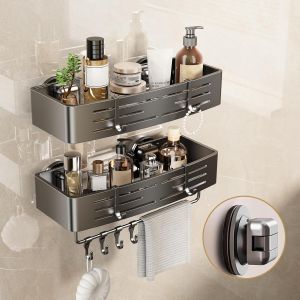 Etagere Douche Ventouse Sans Percage, 2 Pi&egrave;Ces Etagere Salle De Bain avec Porte Serviettes et Crochets Rangement et Organisation de La Salle de Bain Support Gel Douche Salle de Bain(Gris) - Neuf