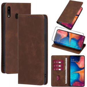 Kal-Coque Cuir Pour Samsung Galaxy A20e 5.8"" Avec 1 Verre Trempé Etui À Rabat En Pu Porte-Cartes Portefeuille Support Flip Housse Magnétique Antichoc Anti-Rayures Case,Marron - Neuf