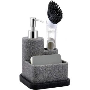Eryi-Distributeur Liquide Vaiselle Avec Porte-Éponge Et Brosses, Savon Cuisine Avec Buse Alliage Zinc, Plateau Amovible, Rangement Accessoires Cuisine Complet, Support Compact Et Élégant, Gris - Neuf