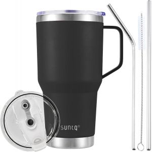 Tianyi-Gobelet De 887 Ml Avec Poignée ¿ Tasse À Café De Voyage Réutilisable Avec Paille Et Couvercle ¿ Tasse À Café Isotherme À Double Paroi En Acier Inoxydable Pour Boissons Chaudes Et Froides (Noir - Neuf
