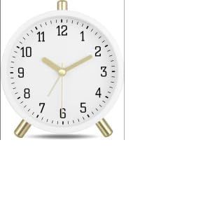 R&eacute;veil analogique sans tic-tac - En m&eacute;tal blanc - Avec veilleuse - R&eacute;tro - Analogique - 11 cm - Moderne et classique - Silencieux - Pour table de chevet, chambre &agrave; coucher, bureau - Neuf