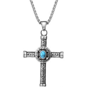 Collier Avec Pendentif En Forme De Croix Turquoise : Collier Vintage Religieux En Forme De Croix Bijoux Occidentaux Pour Femmes Et Hommes,Cadeau D'halloween,De Noël,D'anniversaire,Argent - Neuf
