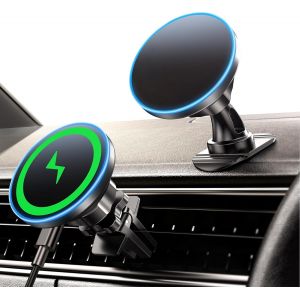 15W Support Telephone Voiture Magsafe Chargeur, Chargeur Voiture Magsafe, Tableau De Bord/Ventilation Support Magsafe Voiture Pour Iphone 17 16 15 14 13 12 Pro Max Plus Mini Pro/17 Air - Neuf