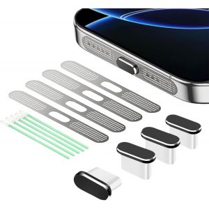8 Pi&egrave;ces Bouchon De Protection Usb-C,Couvercle De Port De Charge Type-C,Grille Pour Haut-Parleur,Couverture Adh&eacute;sive Anti-Poussi&egrave;re,Pour Iphone 16/Iphone 15,Argent - Neuf