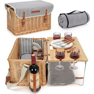 Ulteronixshop-Panier de pique-nique en osier pour 4 ou 4 personnes - Kit de pique-nique en osier avec couverture, table portable en bambou pour le camping et les f&ecirc;tes en plein air - Neuf