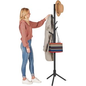 Portemanteau autoportant, avec 6 crochets et 3 tailles r&eacute;glables en bois massif, facile &agrave; assembler pour chambre, couloir, entr&eacute;e, bureau, pour chapeaux, manteaux (03 - Black) - Neuf