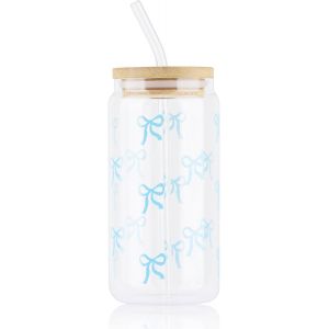 Kalanka-Ensemble De Tasses En Verre Avec N?ud Papillon, 453,6 Ml Jolie Tasse Rose Avec Paille En Verre Et Couvercle En Bois, Tasses &Agrave; Caf&eacute; Mignonnes Et &Eacute;l&eacute;gantes Transparentes, Cadeaux Esth&eacute;tiques - Neuf