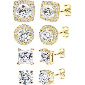Ensemble 4 Paires Boucles D'oreilles Argent 925 Plaqué Or 14k,Hypoallergéniques,Grandes Boucles Rondes Et Carrées Zirconium 6-10mm Pour Femmes Et Hommes,Unisexe.[X239] - Neuf