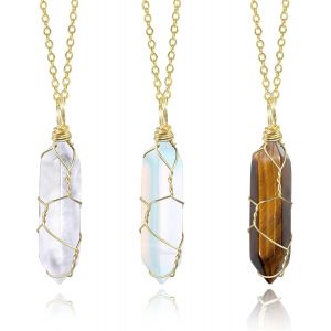 Kal-Collier En Cristal Or, 3 Pièces Quartz Rose Collier Améthyste Cristaux Pierres De Guérison Collier Hexagonal Pierre Précieuse Pendentif Cristaux De Guérison Collier Femmes - Neuf