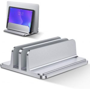 Double Support Ordinateur Portable Vertical,Support PC Portable en Aluminium Réglable Bureau Laptop Stand pour MacBook Pro/Air,iPad,Surface,HP,Lenovo,Tablette et Autre Laptops-Argenté - Neuf