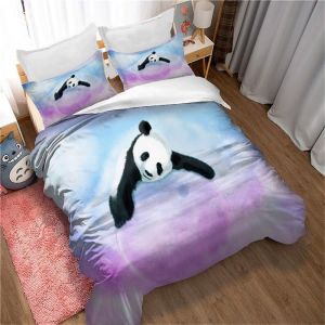 Parure De Lit 3 Pieces En Microfibre 135 X 200 Cm - Housse De Couette Motif Panda Forêt, Douce Et Moelleuse Avec Fermeture Éclair, Motif Animal - Neuf