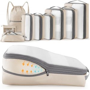9 Pi&egrave;ces Packing Cubes Compression, Organisateur Val Bagage Sac Compression Organisateur De Voyage Rangement Pour Sac &Agrave; Dos (Beige) - Neuf
