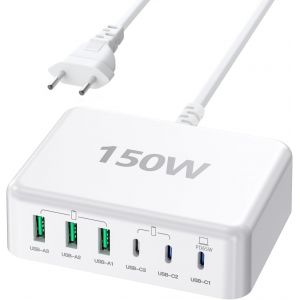 Chargeur USB C 150W Multiple, 6 en 1 GaN Station De Charge USBC avec Port De Sortie 65W pour MacBook Pro/Air, Lenovo, HP, Ordinateur Portable, USBA Chargeur Rapide avec QC3.0 pour, iPhone,Samsung - Neuf
