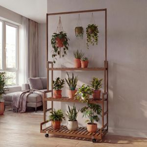 &Eacute;tag&egrave;re &Agrave; Plantes En Bambou Hwc-Q33, &Eacute;tag&egrave;re En Escalier Pour Fleurs, Tige Avec 3 Tablettes Et Roulettes, 175 X 93 X 38 CmMarron - Neuf