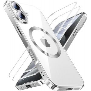 Pps-Coque 3 En 1 Pour Iphone 16 Plus, 1 Coque Et 2 X Film Protecteur, [Norme Militaire] [Top N56 Aimants Puissants] Antichoc Antirayures Pour Magsafe Case Protection De La Caméra, Argent - Neuf