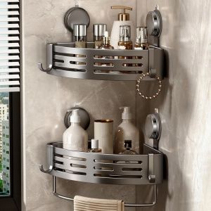 Etagere Douche Angle Ventouse, 2 PièCes Etagere Angle Salle De Bain Sans Percage avec Porte Serviettes et Crochets Rangement et Organisation de La Salle de Bain Support Gel Douche(Blanc) - Neuf