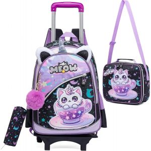 CHECARZHN--NO1-Sac A Dos Roulette Fille Cartable A Roulette Fille Sac À Lunch Et Étui À Crayons Inclus, Parfaits Pour Les Enfants Qui Vont À L'École Et Qui Voyagent - Neuf