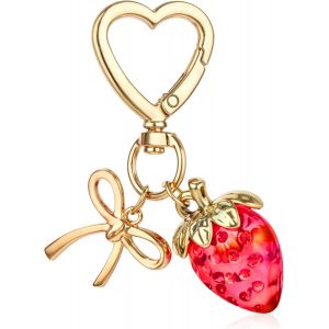 KAL-Porte-Clés En Forme De Fraise Pour Femme Et Fille Avec Noeud En Forme De Coeur, Accessoire Pour Sacs À Main, Sac À Main, Portefeuille, Téléphone Portable, Voiture - Neuf