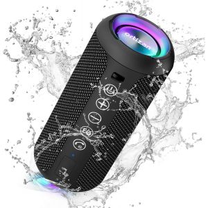 Enceinte Portable Bluetooth 5.3 sans Fil avec Bass Puissantes, Étanche IPX7, Subwoofer à 360 Degrés, Autonomie 30 hrs, Double Appairage Stéréo, Lumière LED - Neuf