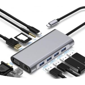 Borlterclamp Hub Usb C,Adaptateur Usb C Multiport 11 En 1 Avec Hdmi 4K Et Vga,Port Ethernet,4 Ports Usb,Port Pd 100W,Lecteur De Carte Sd Et Microsd,Audio 3,5Mm Pour Macbook Pro,Xps,Et Plus - Neuf