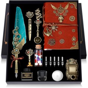 Ensemble Carnet De Notes En Cuir Avec Stylo Quill, Carnet, 5 Plumes Interchangeables, Cachet, Cuill&egrave;re, Perles De Cire, Cire Blanche, Encre, Porte-Stylo, Tasse (Vert) - Neuf