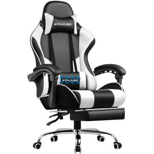 Ulteronixshop-Chaise Gaming, Fauteuil Gamer avec Massage Lombaire, Chaise de Gaming Repose-Pieds R&eacute;tractable, Dossier Inclinable &agrave; 135&deg;, Si&egrave;ge Confortable en Cuir, Chaise Bureau, Charge 150 kg, Blanc - Neuf