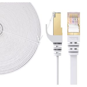 EUOP-® - 20M Câble Réseau Ethernet Rj45, Cat 7 Stp 100% Cuivre, Câble Plat, 32 Awg, Blanc (20M) - Neuf