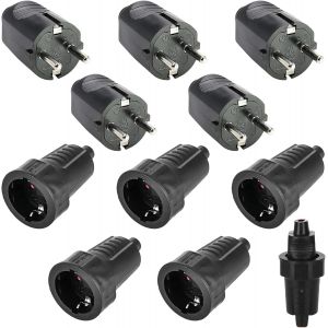 Lot de 5 paires de fiches Schuko - 250 V - 16 A - En caoutchouc - IP54 - Avec contact de protection - 2 broches - Ext&eacute;rieur &eacute;tanche - Noir - Fiche Schuko et raccord en caoutchouc - Sans c&acirc;ble - Neuf