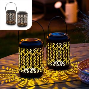 Lanterne Solaire Exterieur | Lot De 2 | Lampion Led Pour Terrasse, Patio Ou Balcon | Lanternes De Jardin | Lampe Deco Etanche | M&eacute;tal Noir Et Or | Paon Design - Neuf
