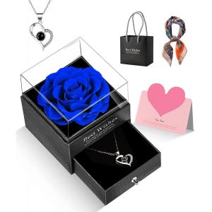 Cadeau D'Anniversaire De Rose &eacute;Ternelle Pour Sa Maman Les Femmes V&eacute;Ritable Pr&eacute;Serv&eacute;E Avec Collier I Love You Dans Une Bo&icirc;Te Petite Amie &eacute;Pouse Grand-M&egrave;Re Anniversaire No&euml;L(Bleu) - Neuf