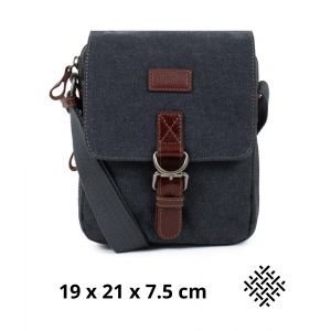 Sacoche bandouli&egrave;re homme en toile et cuir bleu marine - multi-poches, poign&eacute;e et bandouli&egrave;re r&eacute;glable - Neuf