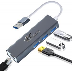 KAL-Hub Usb 3.0 Ethernet,1000Mbps Adaptateur Usb Ethernet En Aluminium Avec 1 Concentrateur Adaptateur Rj45 Réseau Lan Gigabit, 3 Ports De Données Usb, Compatible Mac Pro/Mac Os/Linux/Windows10/8 - Neuf