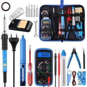 Lot de 24 fers à souder,60 W,outils de soudage électrique,avec 5 pointes interchangeables,température réglable,multimètre numérique,support de fer à souder,pompe à dessouder,sac à outils - Neuf