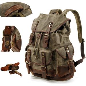 ChenQuanSarl-Mens Cire Toile Sac À Dos En Cuir Sac À Dos Pour Les Hommes En Cire Sacs À Dos En Cuir Voyage Vintage Bookbag Avec Compartiment Pour Ordinateur Portable Rustic Large Imperméable - Neuf