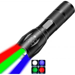HLJHJ-Lampe torche rechargeable 4 en 1 - LED multicolore (blanc/rouge/bleu/vert) avec 4 modes, haute luminosité zoomable pour camping, observation, urgence et aventures en plein air - Neuf