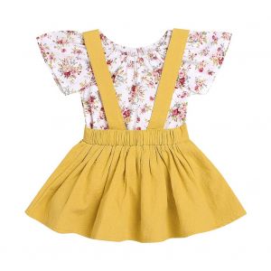 Body Et Jupe A Bretelles Pour Bebe Fille, Imprime Floral, Jaune (90) - Neuf