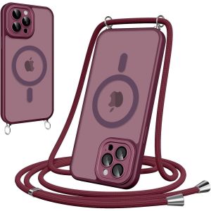 Maa-Coque Magnétique Pour Iphone 15 Pro Max Avec Cordon, [Compatible Avec Magsafe] Etui Translucide Mat Arrière Antichoc Réglable Téléphone Portable Lanyard Case Protection, Rouge - Neuf