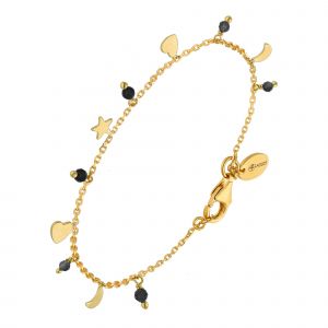Bracelet Argent Dor&eacute; Pampilles De Forme Lune Coeur Et Pierre Spinelle Noir - Neuf