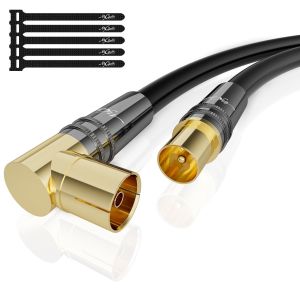 Câble d'antenne 5 mètres RG6 4K coudé(90°Degrés)/droit,câble satellite,câble TV Coaxial HD-75 Ohm IEC-Connecteurs métalliques robustes plaqués or,Noir,avec 5 attaches de câble - Neuf