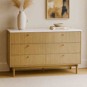 Buffet 6 tiroirs aspect bois rainur&eacute; et blanc 120cm BROX - Neuf