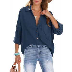 Utigh-Chemisiers Blouse Femme Élégant Chemise Blanc Femme Décontractée Avec Col En V Manches Longues 100% Coton Coupe Ample Haut Solide Boutons Top Avec Poche - Neuf