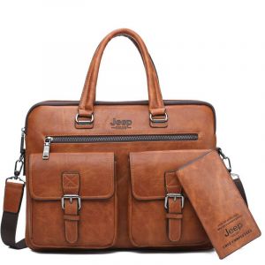 JEEP BULUO Marque Man'sBusiness Sac Cartable 2 pcs/set Split En Cuir De Haute Qualité Hommes Sacs de bureau Pour 13. Pc portable 3 pouces A4 décontracté - Orange 8006-8888 - Neuf