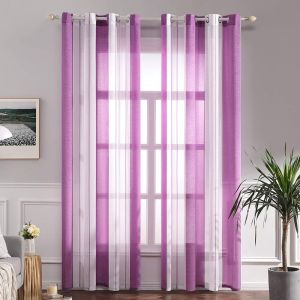 Tzf-Rideaux Voilage À Rayures Blancs Et Violet Clair, Voilages Intérieurs Avec Oeillets, Beaux Voile Rideau Voilage Fenetre Chambre, Lot De 2 Transparent Rideaux Salon Hauteur 260 Cm - Neuf
