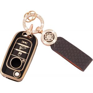Housse de cl&eacute; de voiture compatible avec Fiat Tipo Toro Nuovo Freedom 500X Doblo Argo Grazie 4 boutons Flip Folding Coque pour cl&eacute;s en TPU souple avec porte-cl&eacute;s en cuir noir et or (C-BP-Fia-4) - Neuf