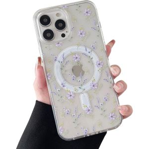 Kal-Coque Magnétique Pour Iphone 13 Pro Max, Étui Souple Transparent Avec Motif Fleurs [Compatible Avec Magsafe Charge Sans Fil], Coque Résistant Pour Iphone 13 Pro Max 6,7""-Violet Fleurs - Neuf