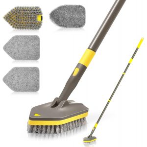 Brosse De Nettoyage,Brosse À Récurer Avec Manche Long Télescopique 142 Cm,4 Têtes De Lavage Pour Nettoyer La Salle De Bain,La Baignoire,Le Sol,La Plinthe,L'évier,La Cuisine Brun Jaune - Neuf