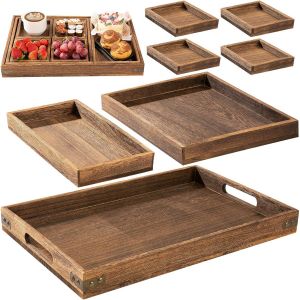 Vornixorsarlshop7pcs Plateau De Service En Bois De Paulownia, Avec Poign&eacute;es Plateau Rectangulaire Pour Vaisselle, Boissons, Petit-D&eacute;jeuner, Plateau De Service Pour R&eacute;ception De F&ecirc;te&iquest; - Neuf